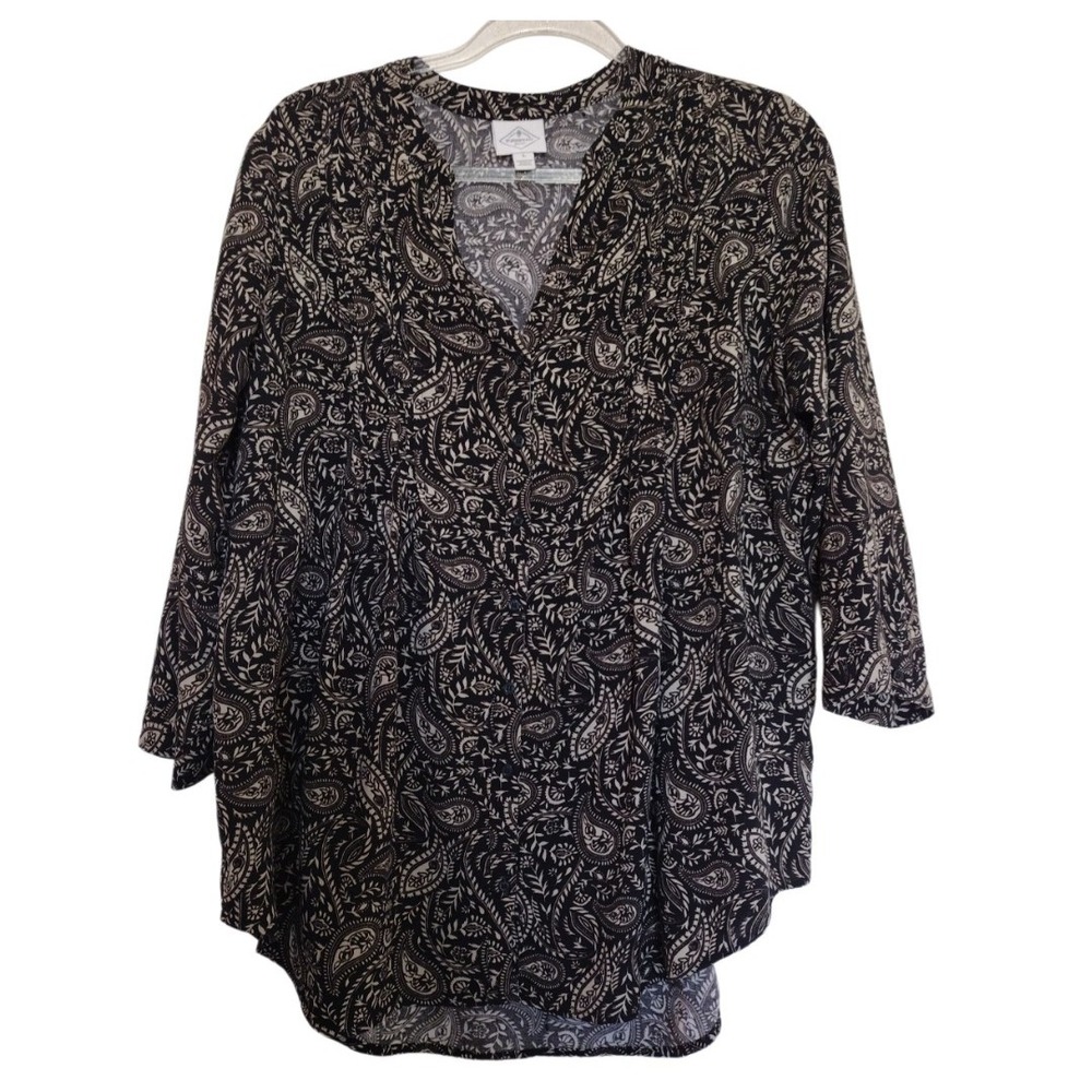 St. John Bay Blouse Tunic Woman's L Black Paisley 3/4 Sleeve Relaxed Fit Boho